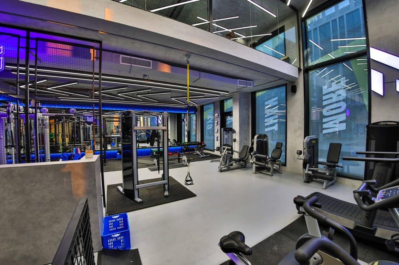 Racks, benches and cardio along the glass frontage